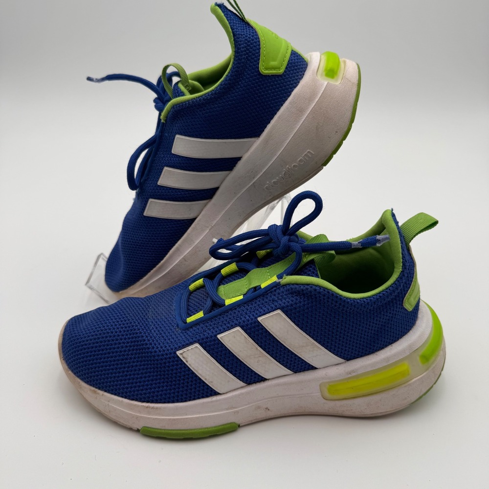Adidas Cloudfoam Kids Blue Lime Green Mesh Athletic Running Shoes Sneakers